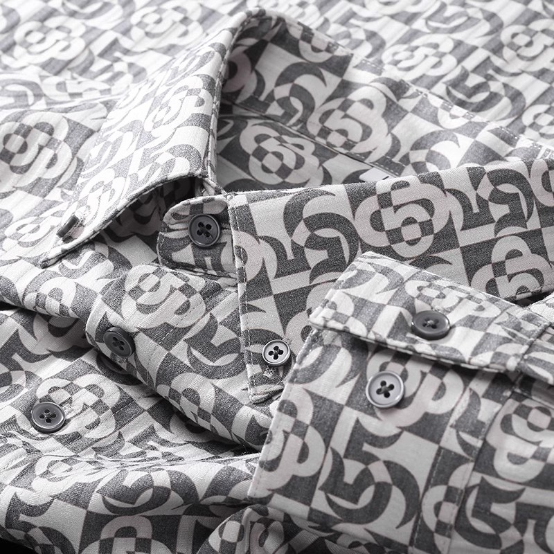 高端春季免烫个性印花长袖衬衫男修身商务休闲时尚帅气碎花衬衣男