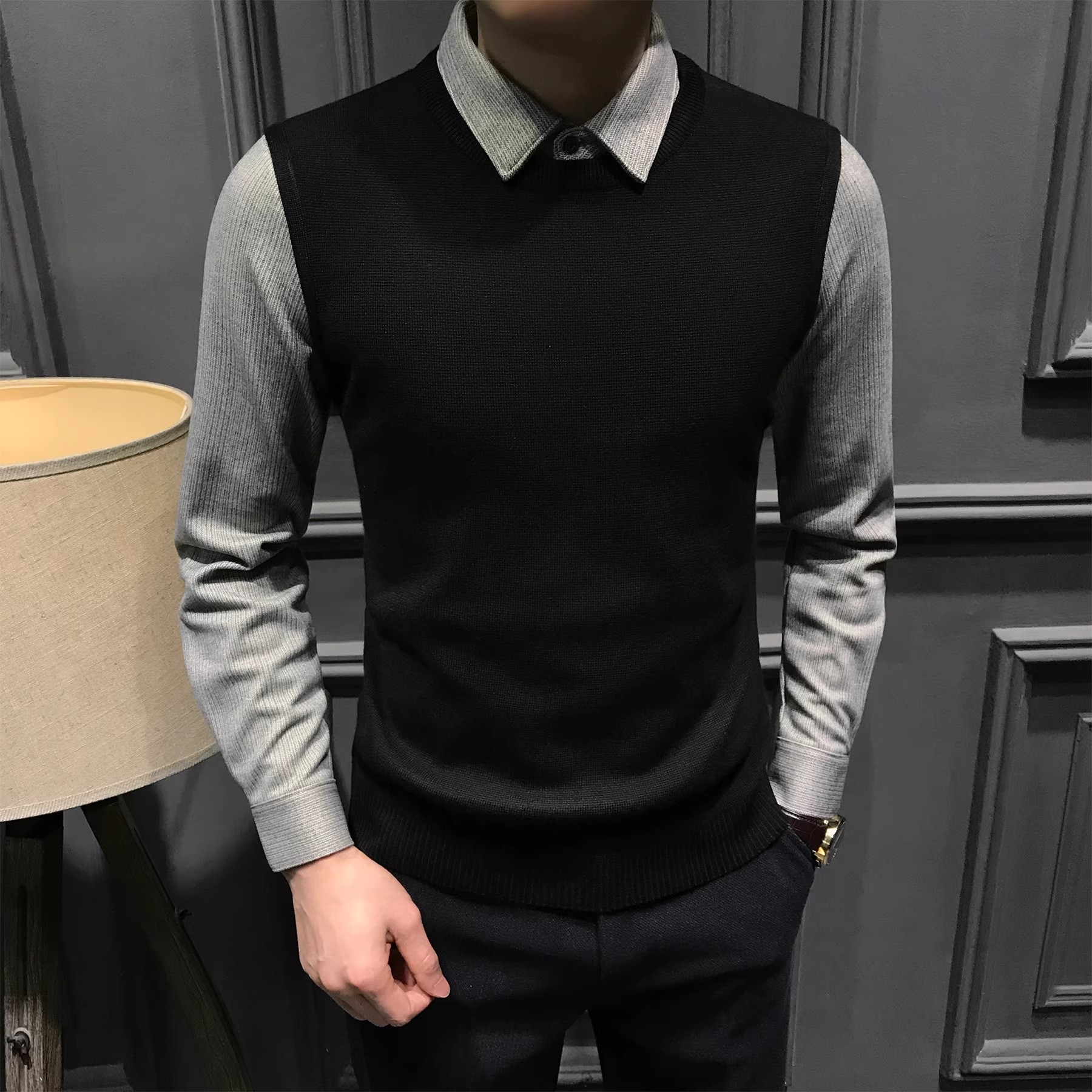 冬季加厚款保暖毛呢拼接衬衫