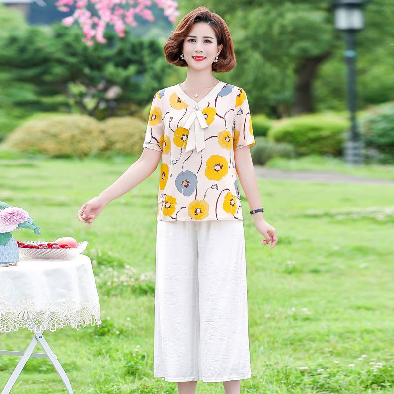 W夏季中年妈妈装夏装套装雪纺衫短袖T恤上衣裤子两件套中老年女装