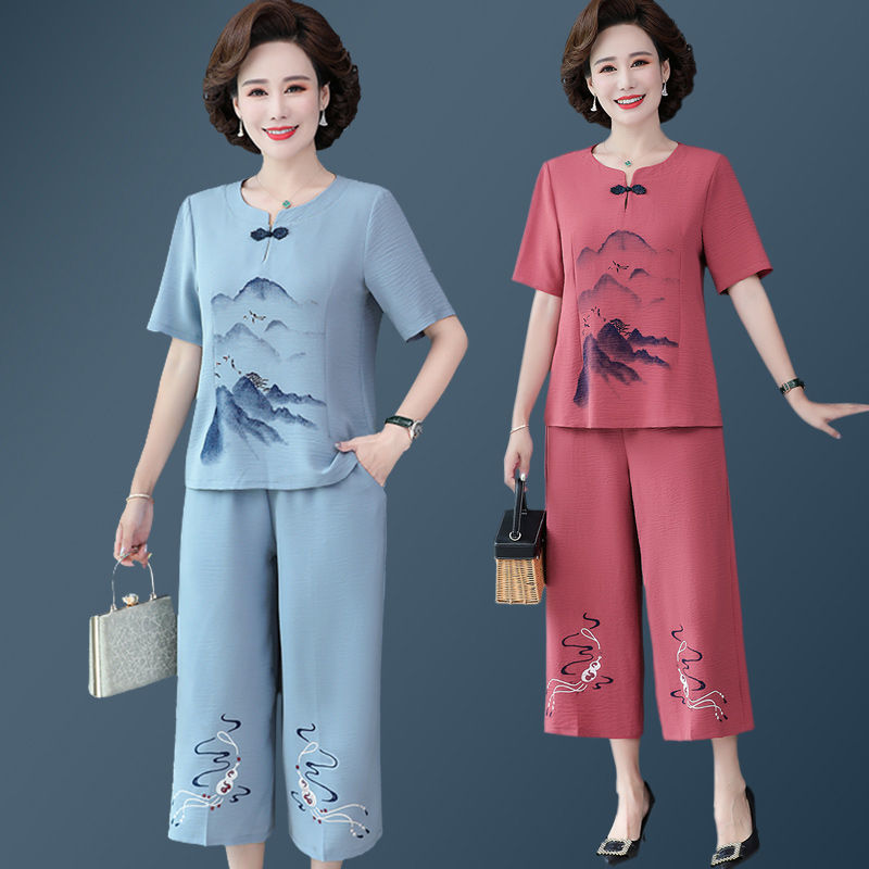 A妈妈夏装棉麻套装洋气减龄中老年人女夏季宽松遮肚上衣裤子两件