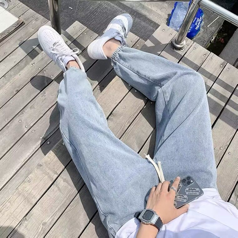 夏季薄款浅色九分牛仔裤宽松男士潮牌韩版潮流修身小脚裤子痞帅