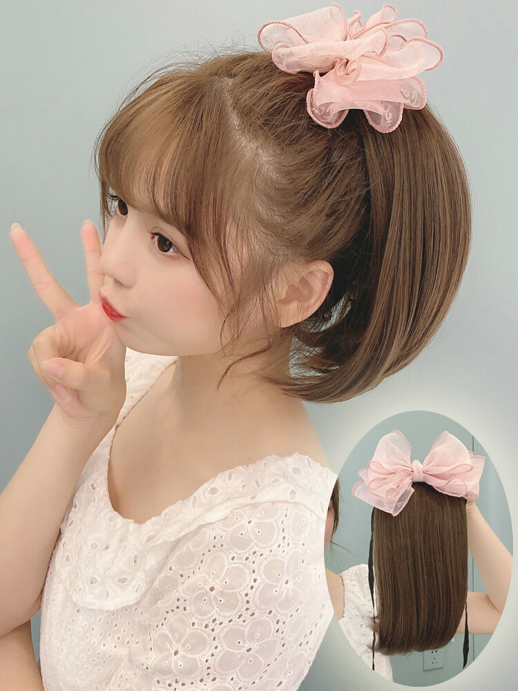 短直马尾假发女绑带款粉色蝴蝶结一体假发马尾辫子自然蓬松学生款