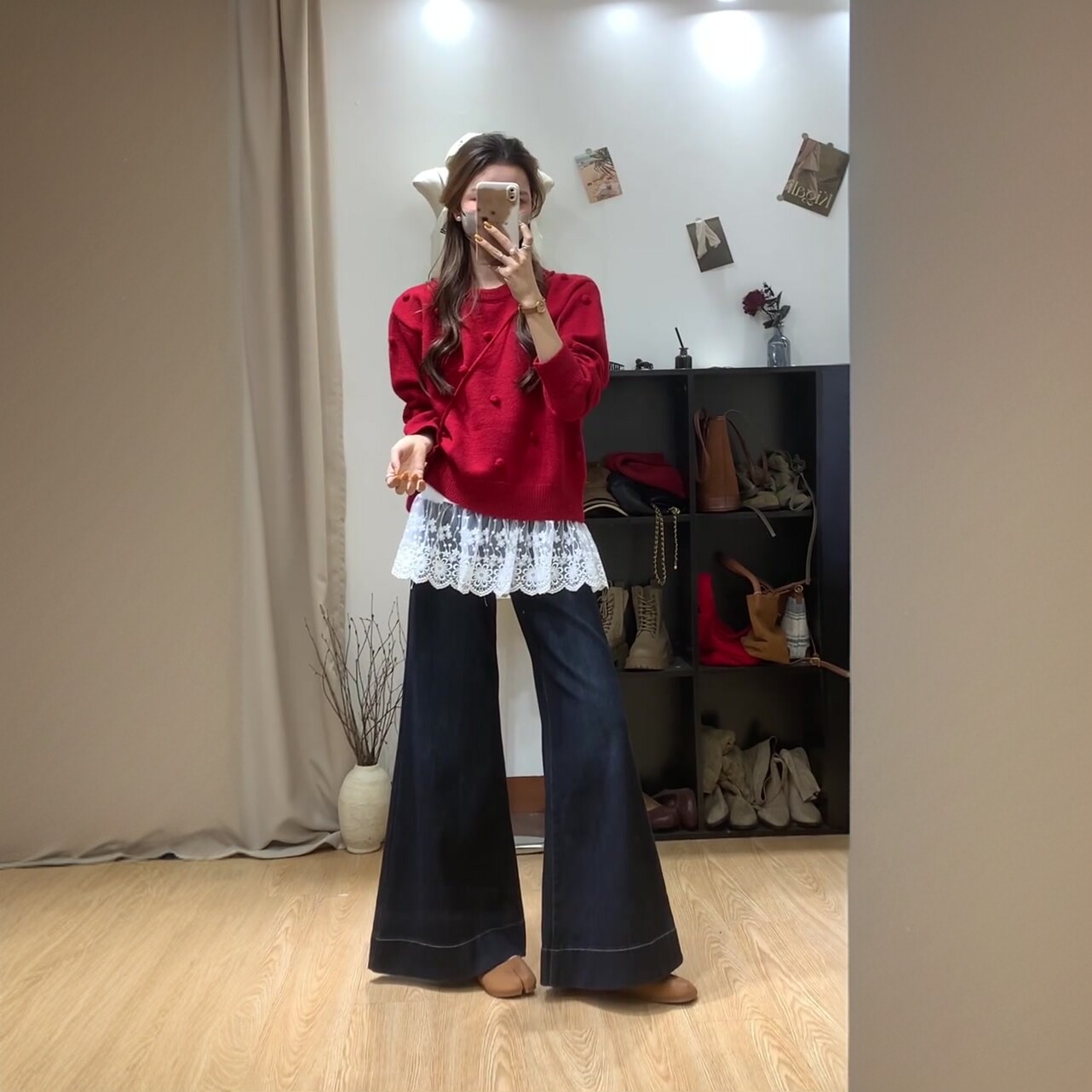 韩系高级感红色气质上衣女秋冬小众时尚牛仔裤三件套