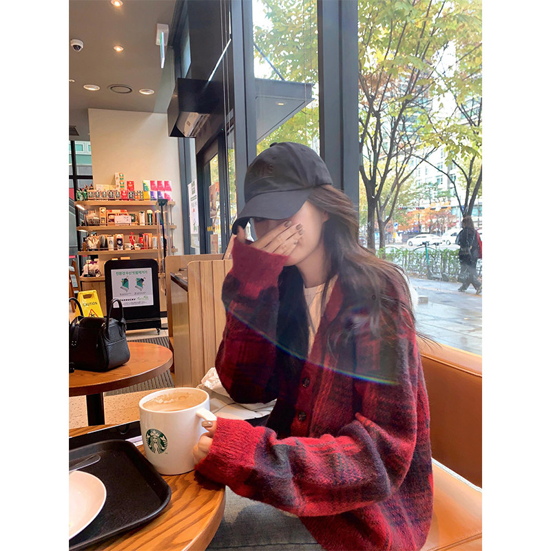 圣诞过年红色复古格子毛衣外套女秋冬季加厚宽松针织开衫