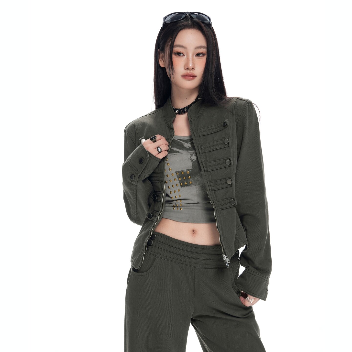 拿破仑牛仔外套女军绿色短款立领工装复古多排扣收腰辣妹牛仔夹克