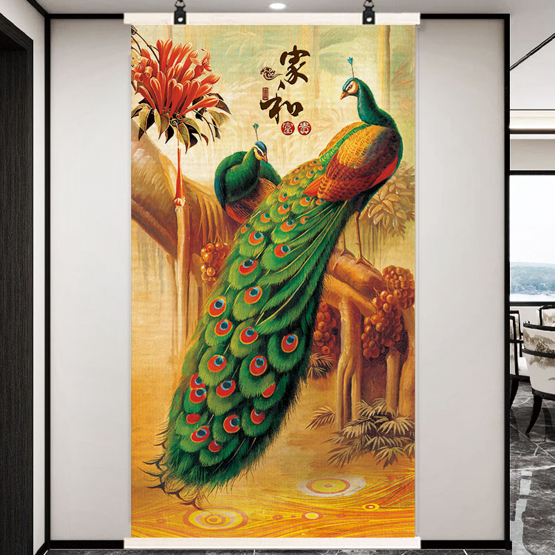 孔雀竹帘挂画富贵吉祥新中式客厅美式入户玄关书房茶室装饰画定制图片