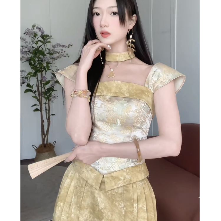 新中式国风精致气质提花背带上衣半身马面裙两件套夏季显瘦套装女