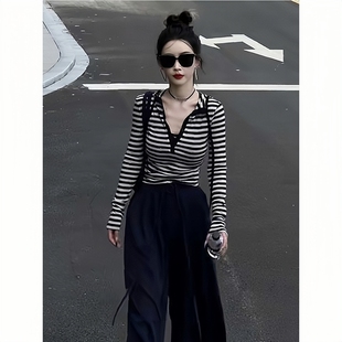 修身 韓系休閑連帽條紋長(zhǎng)袖 T恤女春季 2025新款 上衣 顯瘦百搭打底衫