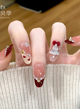 手工美甲穿戴甲中长款红色圣诞节假指甲贴片猫眼秋冬茉哉新年过年