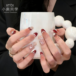 手工穿戴甲拍婚纱照美甲贴片蝴蝶结红色猫眼拍婚纱照甲片指甲贴片