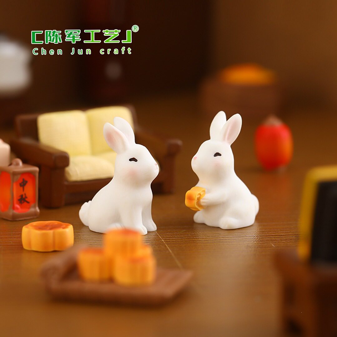 作品配件微动物摆件玉兔月饼可爱树脂卡通迷你景观品中秋节小兔子