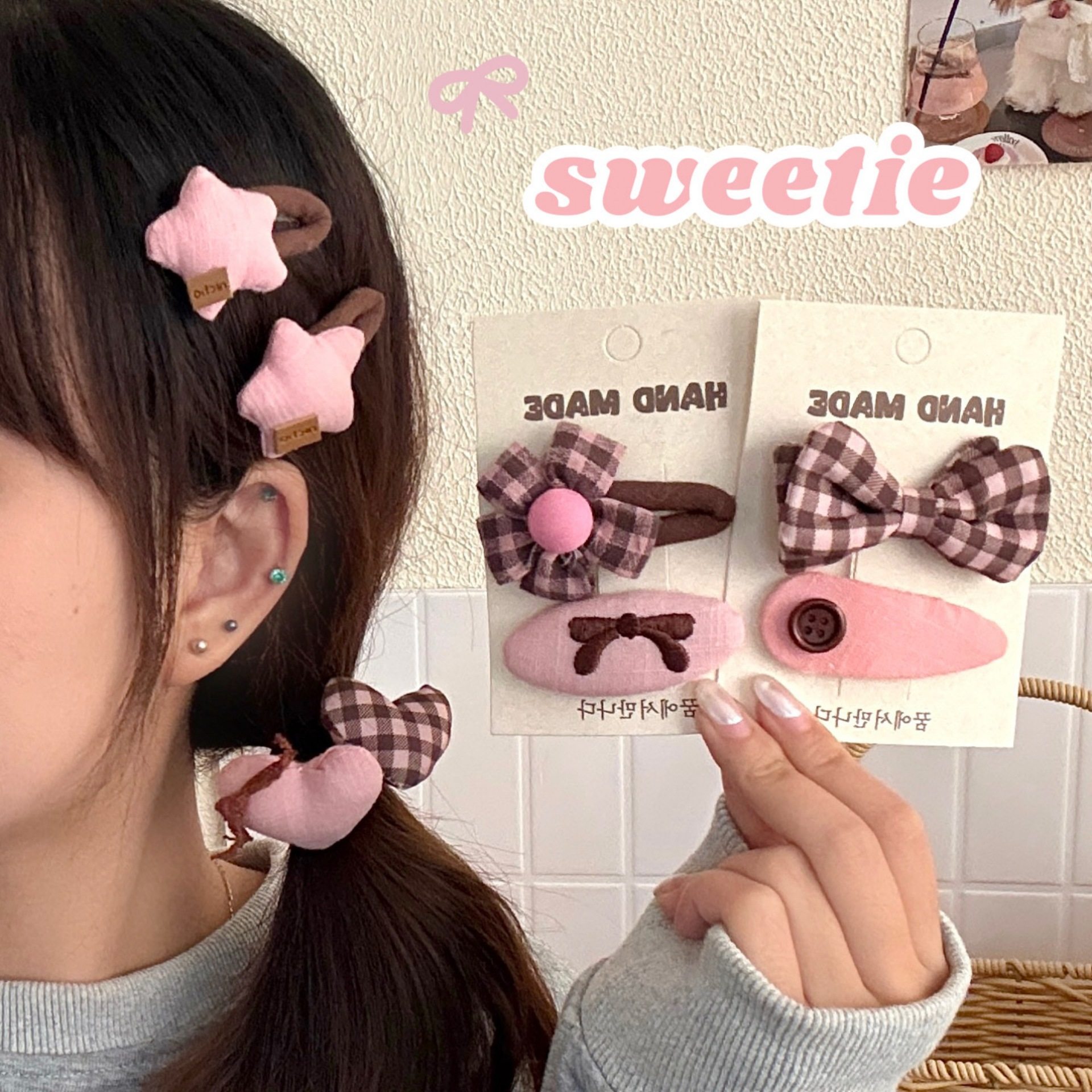 个性创意咖粉色系甜美格纹发饰少女爱心刘海夹发绳可爱掰掰夹发夹