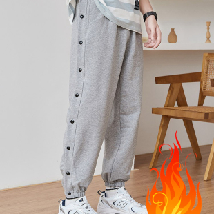 宽松束脚运动裤 秋冬加绒排扣裤 子男纯色篮球全开扣秒脱热身训练裤