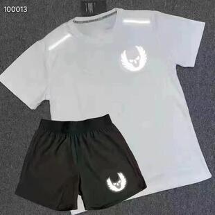 俄勒冈速干田径服短袖短裤男夏季冰感夜跑反光条运动健身两件套夏