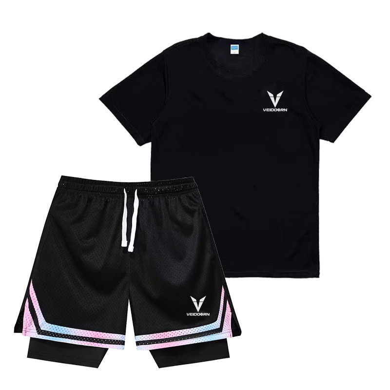 VEID美式运动套装男夏季透气网眼速干投篮服短袖假两件短裤训练服