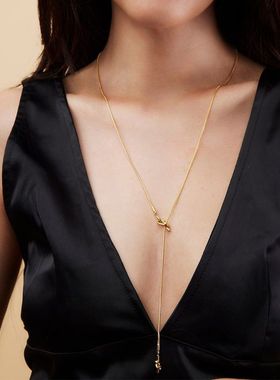 新款打结吊坠几何设计感钛钢不掉色简约长项链女 镀金长款毛衣链