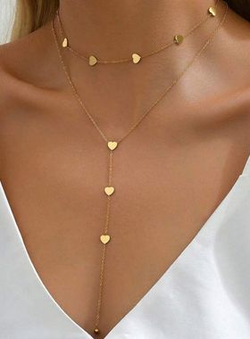 新款韩版双层钛钢爱心项链女锁骨链冷淡风个性简约长款项链圆珠女