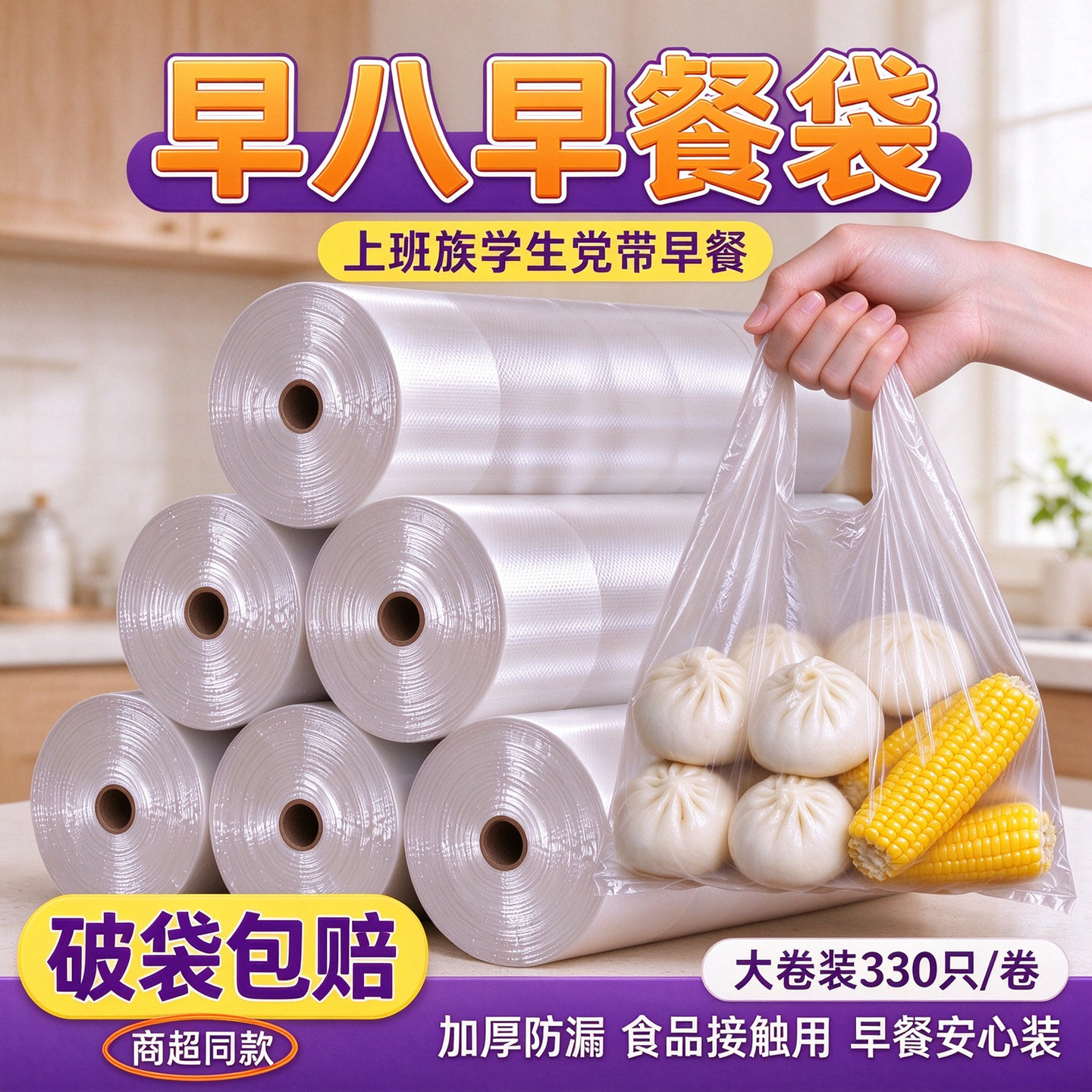食品级背心式便携早餐袋上班上学