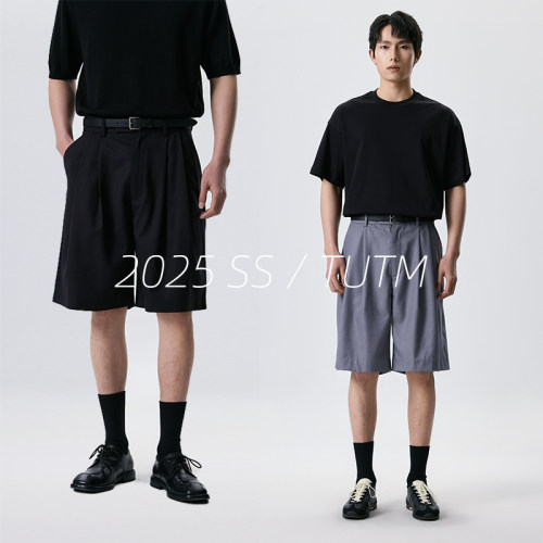 TUTM男装【羊毛混纺】双褶设计西装短裤男宽松夏季休闲裤五分裤
