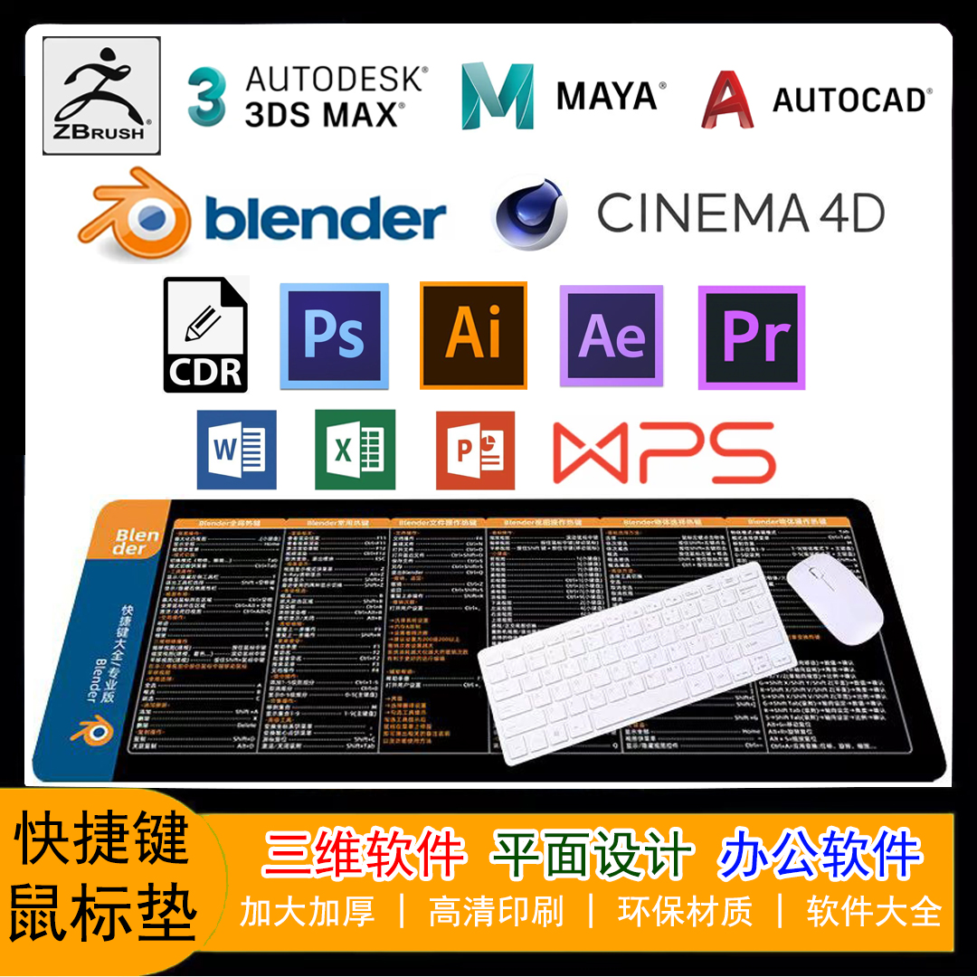 Blender鼠标垫快捷键大全3dmax/maya/c4d/zb/pr/cdr命令大号桌垫