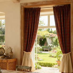 祖母家乡村英伦红色格子门帘遮光窗帘半帘免打孔卧室卫生间定制