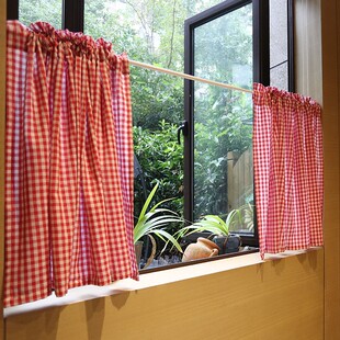 鸢尾乡旅小红格乡村半帘咖啡帘韩式 风半截帘厨房窗帘免打孔帘 日式