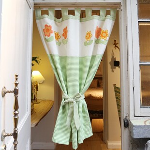 美式 乡村布艺刺绣吊带半帘门帘免打孔外贸窗帘儿童小清新 卧室美式