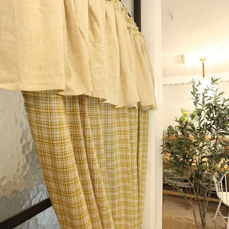 鸢尾乡旅黄色线格麻布幔帘