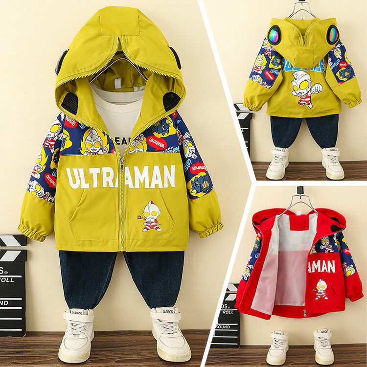 品牌专柜男童字母肩拼花布奥特曼外套春秋装连帽冲锋衣宝宝上衣酷