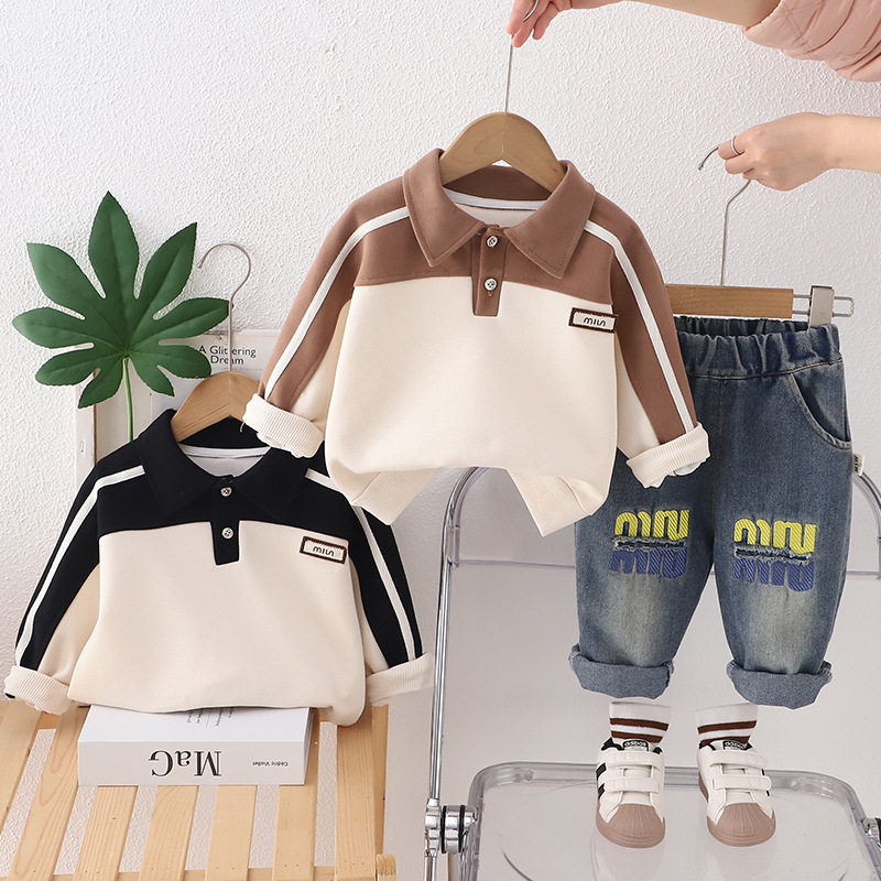 品牌专柜男童套装宝宝春秋季衣服拼色翻领卫衣牛仔长裤时尚童装潮