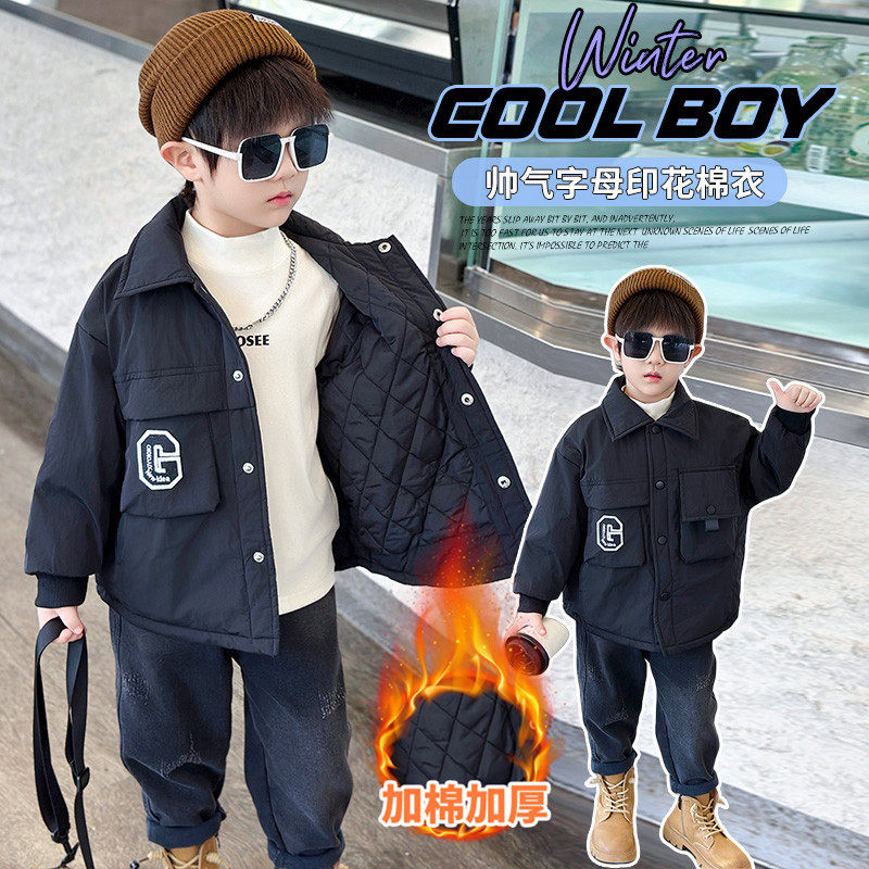 品牌小孩男童G字衬衫夹棉外套冬季韩版儿童痞帅潮夹克中小童衣服