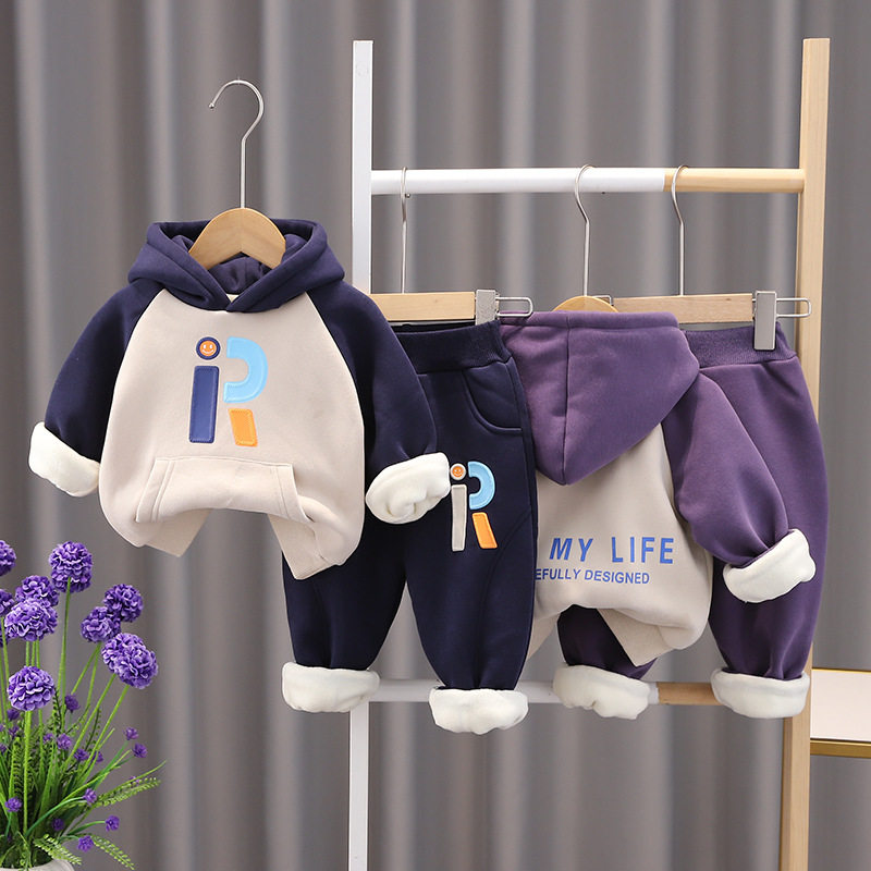 品牌专柜男童秋冬套装新款婴儿童装帅气加绒加厚连帽卫衣两件套潮
