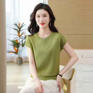 声雨竹新款女装针织衫2026夏季短袖T恤女品牌桑蚕丝凉感透气上衣
