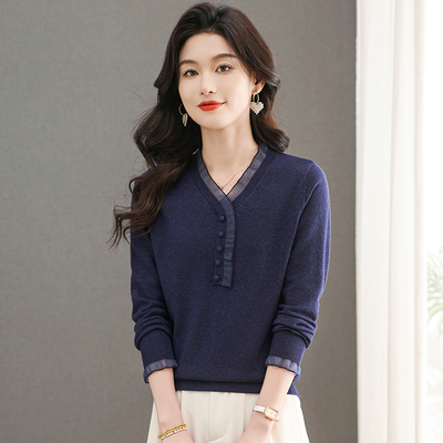 声雨竹女士百搭蕾丝边修身羊毛衫