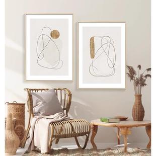 饰画客厅沙发背景墙画卧室玄关轻奢北欧简约挂画 原木风线条抽象装