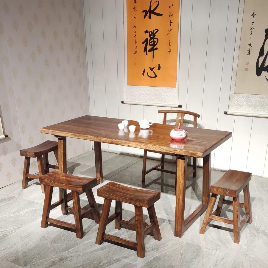 全实木新中式餐桌长方形家用老榆木禅意茶桌椅组合书桌窄办公桌子