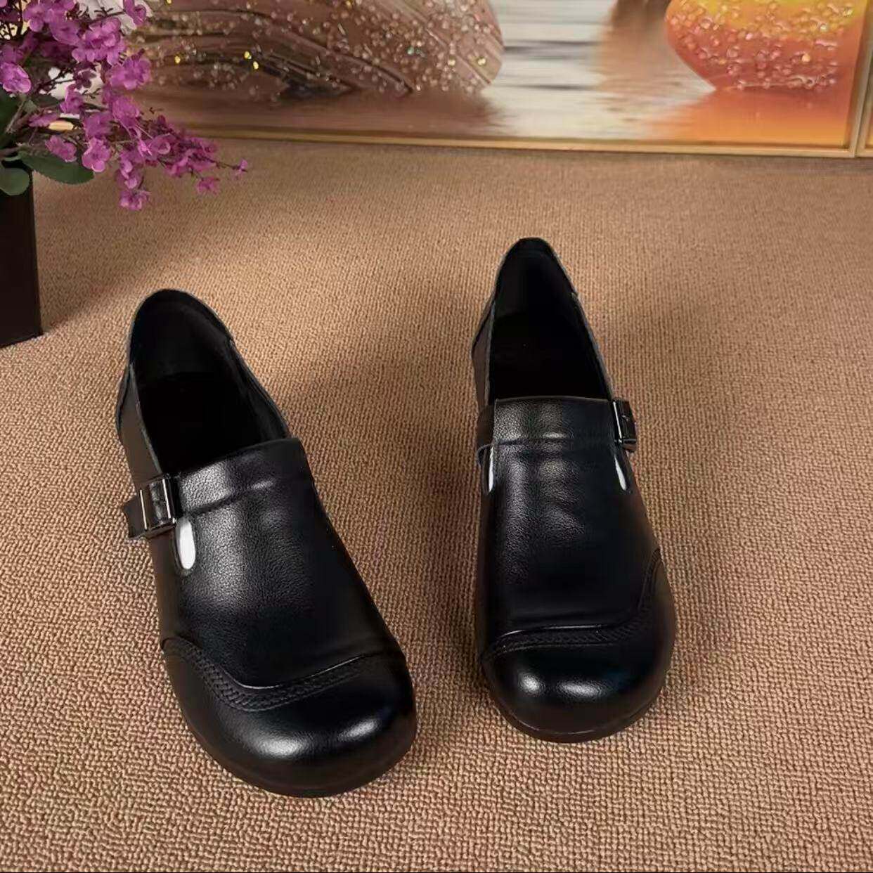 真皮民族风单鞋女春季新复古低跟舒适软底头层牛皮拼色深口妈妈鞋