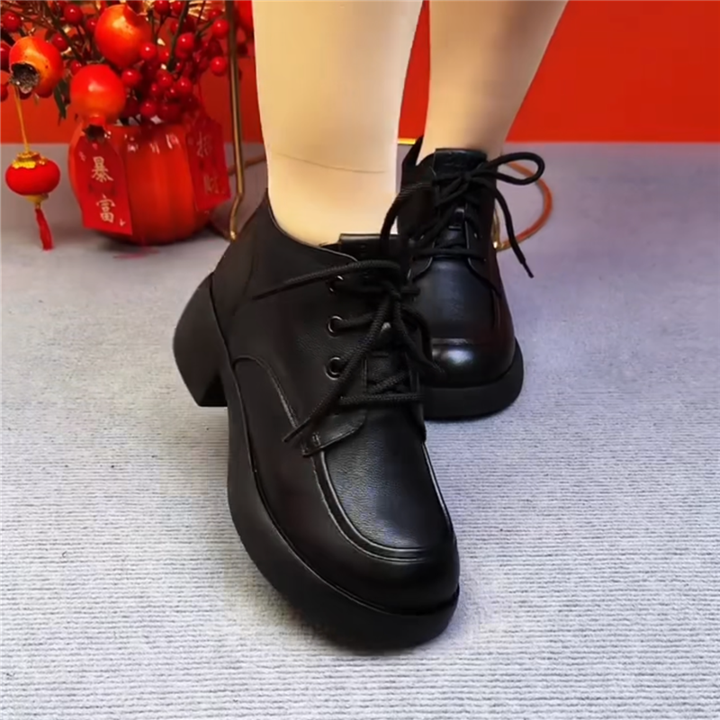 真皮单鞋女粗跟妈妈鞋
