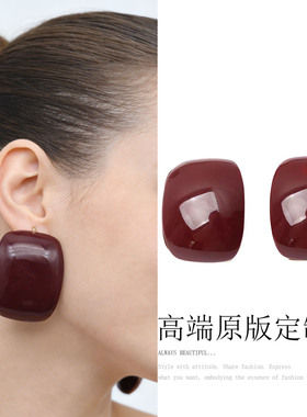 杨树林弧形琥珀方糖耳环复古夸张树脂欧美风耳坠几何高端定制饰品