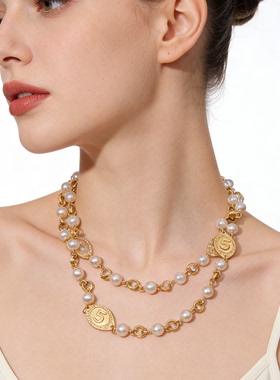 小香风双C珍珠长款毛衣链