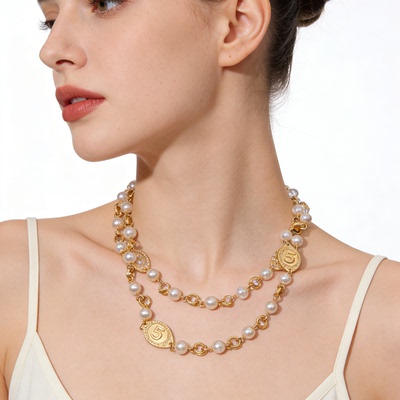 小香风双C珍珠长款毛衣链