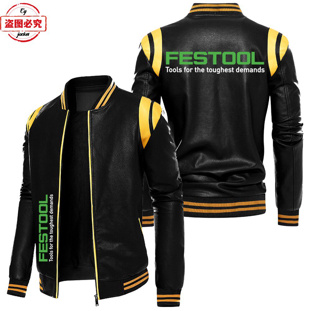 撞色皮夹克费斯托工具Logo工作服复古水洗pu皮衣防风男秋冬款加绒