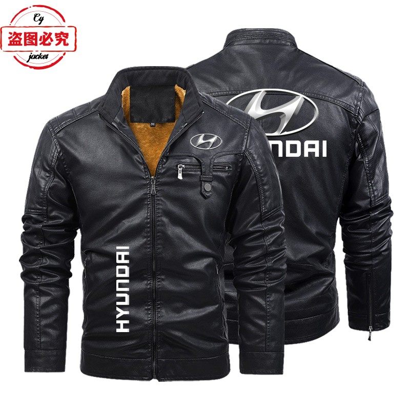 WRC拉力赛赛车车标印花复古水洗pu皮衣防风纯色HYUNDAI夹克团队服