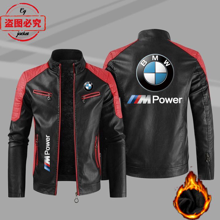 宝马标志皮夹克摩托车LOGO印花pu皮衣BMW M-Power男士撞色夹克