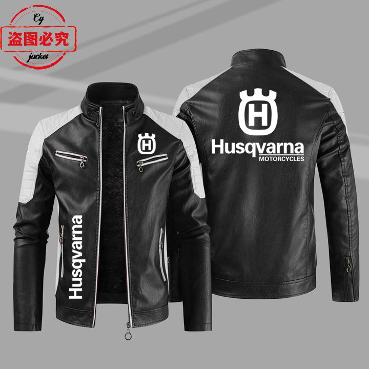 胡斯瓦纳摩托车LOGO印花骑行服水洗pu皮衣男夹克Husqvarna赛车服