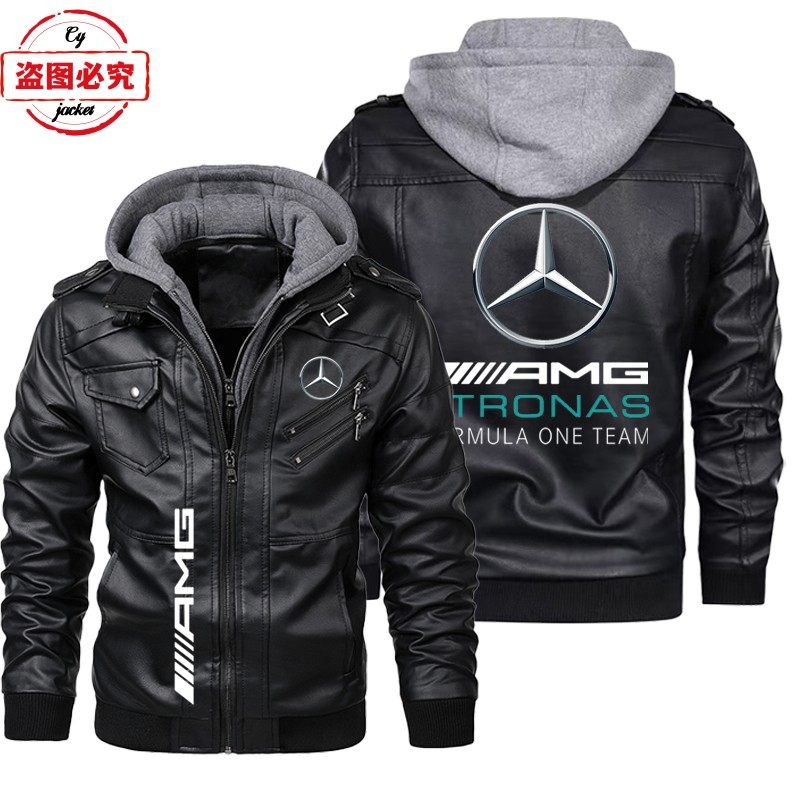 奔驰汽车AMG车标印花赛车服复古水洗pu皮衣男连帽夹克团队工作服