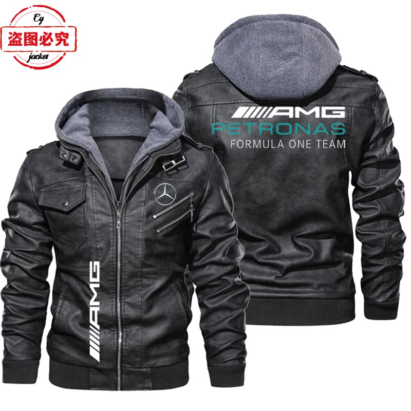 奔驰汽车AMG车标印花赛车服复古水洗pu皮衣男连帽夹克团队工作服