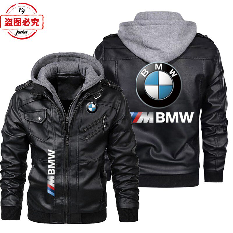 宝马摩托车LOGO骑行服pu皮衣防风男连帽夹克BMW M-Power标志印花