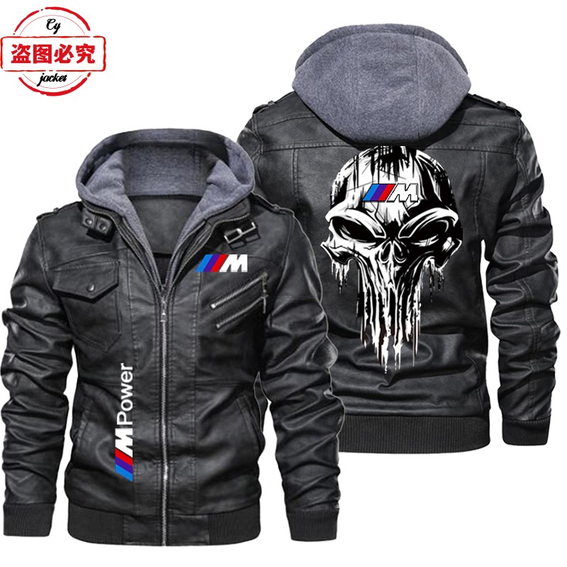 1宝马摩托车LOGO骑行服pu皮衣防风男连帽夹克BMW M-Power标志印花