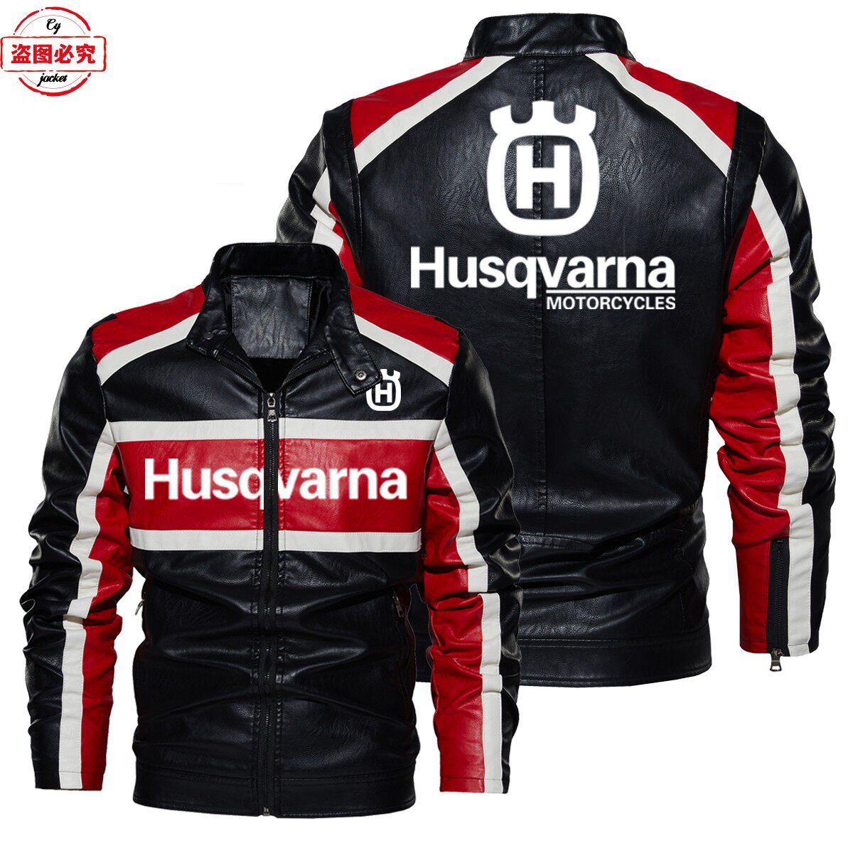 胡斯瓦纳摩托车LOGO印花撞色皮夹克pu皮衣防风男士Husqvarna夹克